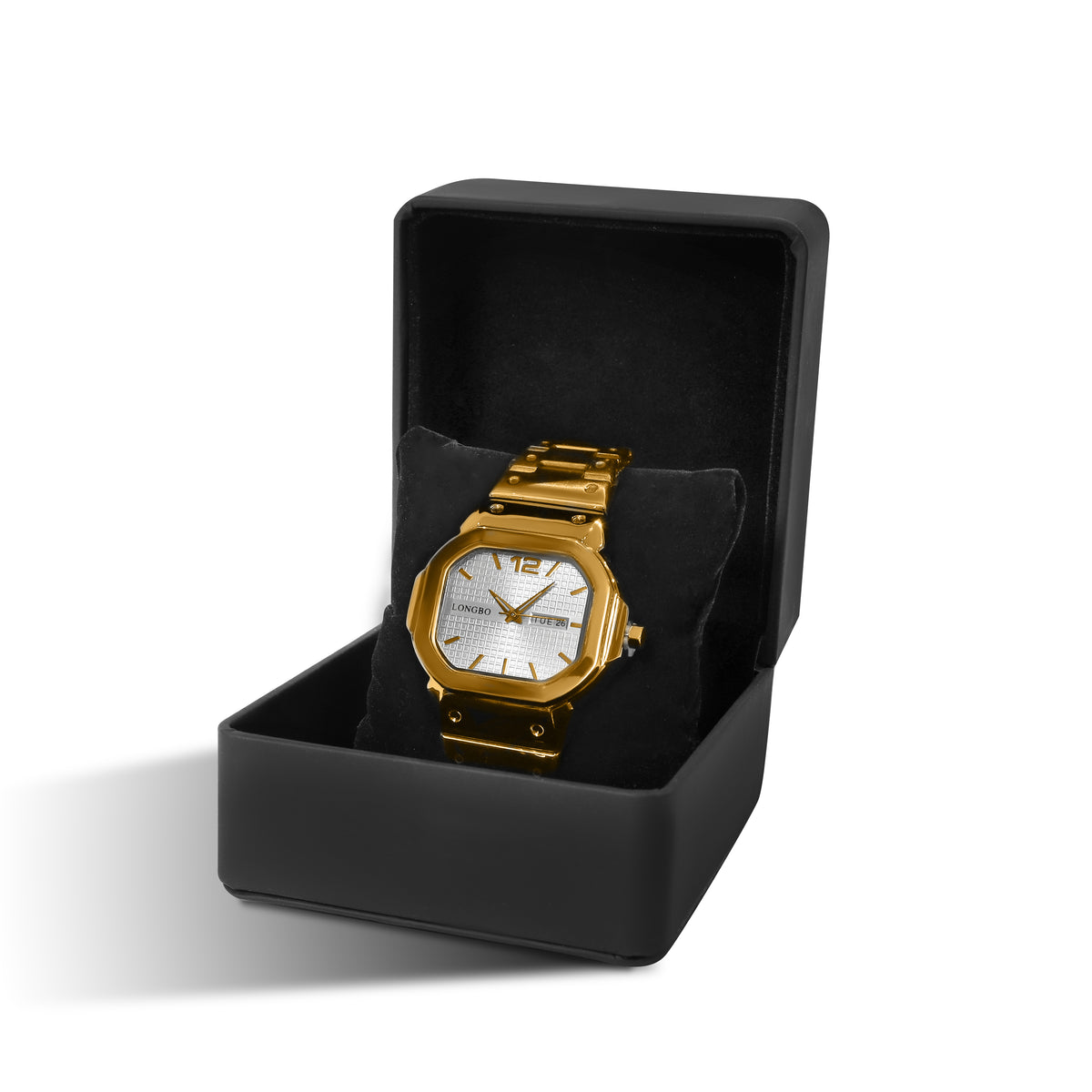 Longbo Day-Date Yellow Gold Silver Dial Sticks Markers Quartz 44mm