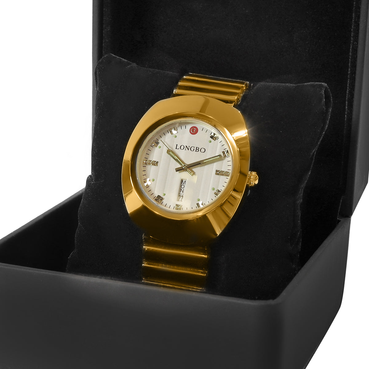 Longbo Day-Date Yellow Gold Silver Dial Swarovski's Markers Quartz 44mm 2113