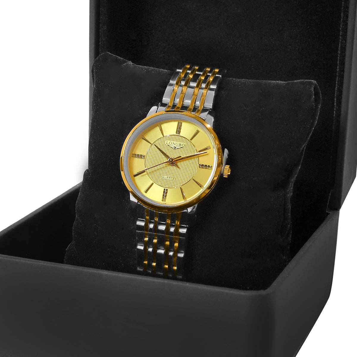 Longbo Ladys 2-Tone Yellow Gold Dial Sticks Markers 38mm Bracelet 2112